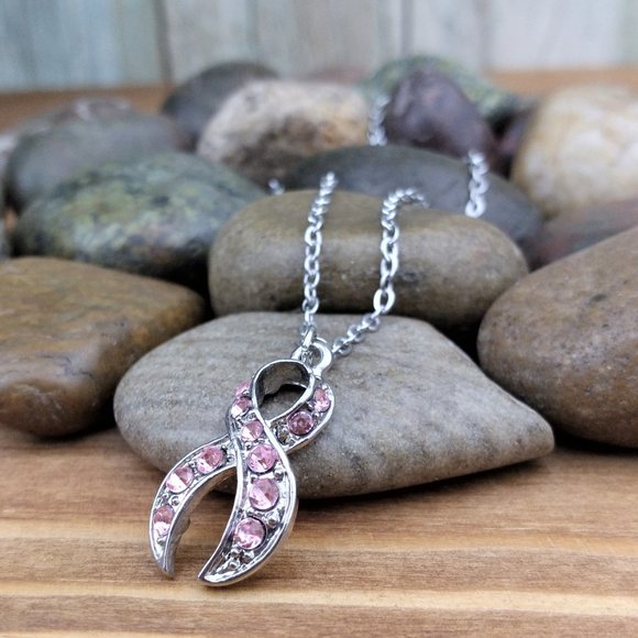 Jewelry - Pink Rhinestone Awareness Ribbon Charm and Silver Tone Chain Necklace